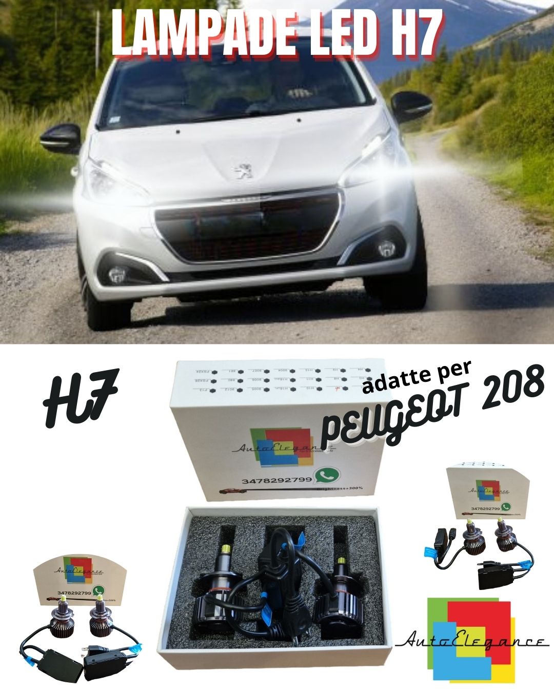 😍KIT FULL LED H7 CANBUS PEUGEOT 208 6000K BIANCO 9600 LUMEN 80W  PORTALAMPADE😍