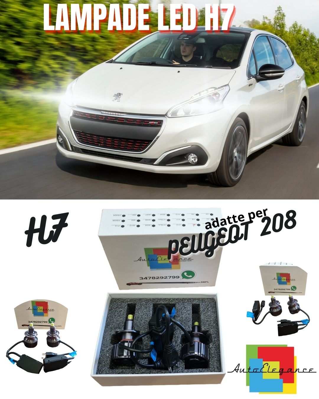 😎KIT FULL LED H7 CANBUS PEUGEOT 208 6000K WHITE 9600 LUMEN 80W + LAMPHOLDER