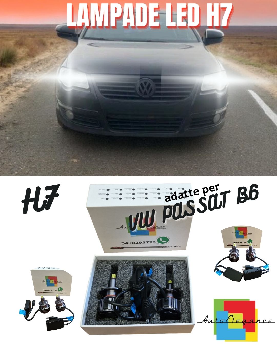 🖤KIT LED H7 CANBUS VW PASSAT B6 LED 9600 LUMEN 6000K BIANCO + PORTALAMPADE🖤