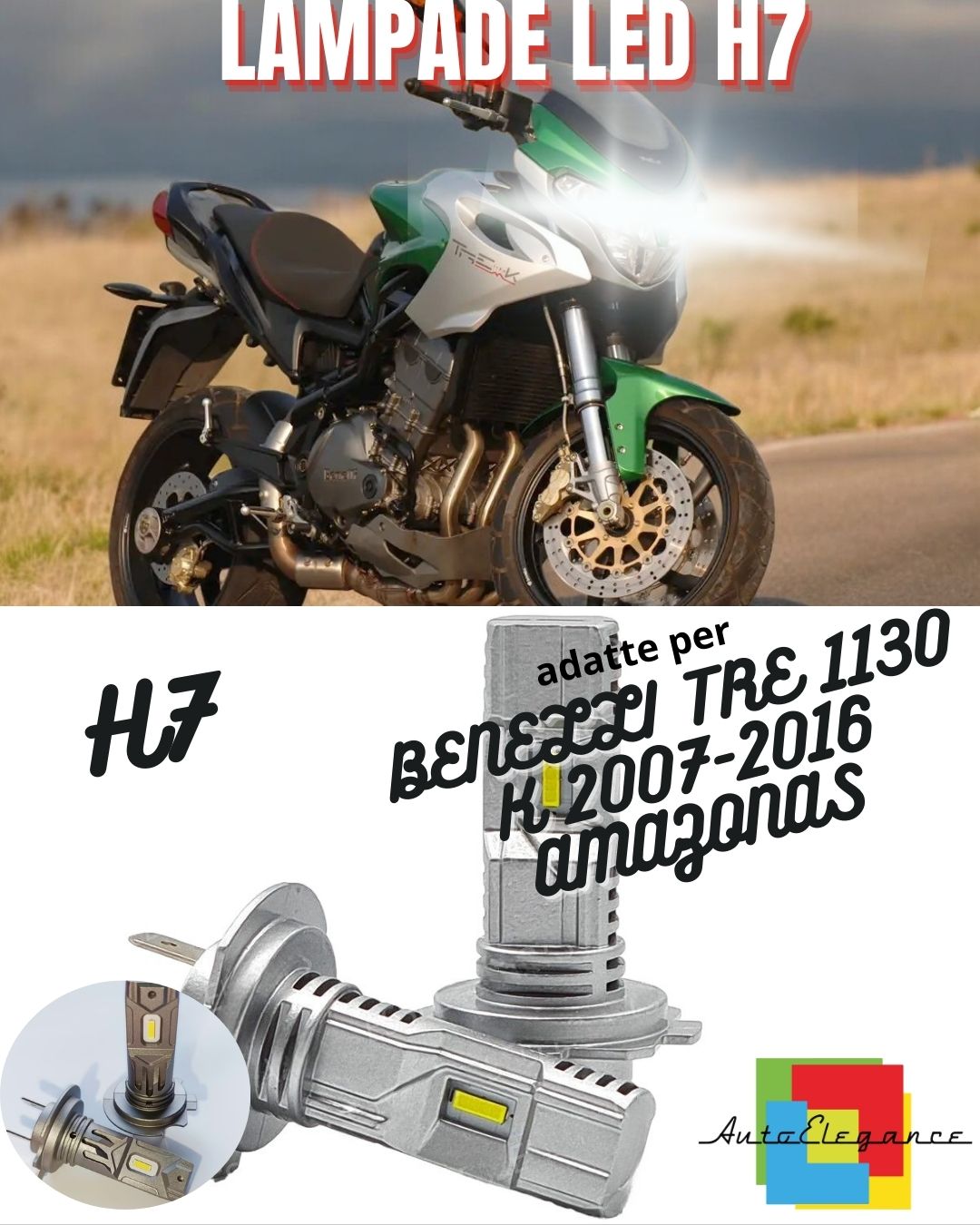 💚KIT LED H7 6000K ABBAGLIANTE 6000 LUMEN BENELLI TRE 1130 K AMAZONAS 2 Pezzi💚