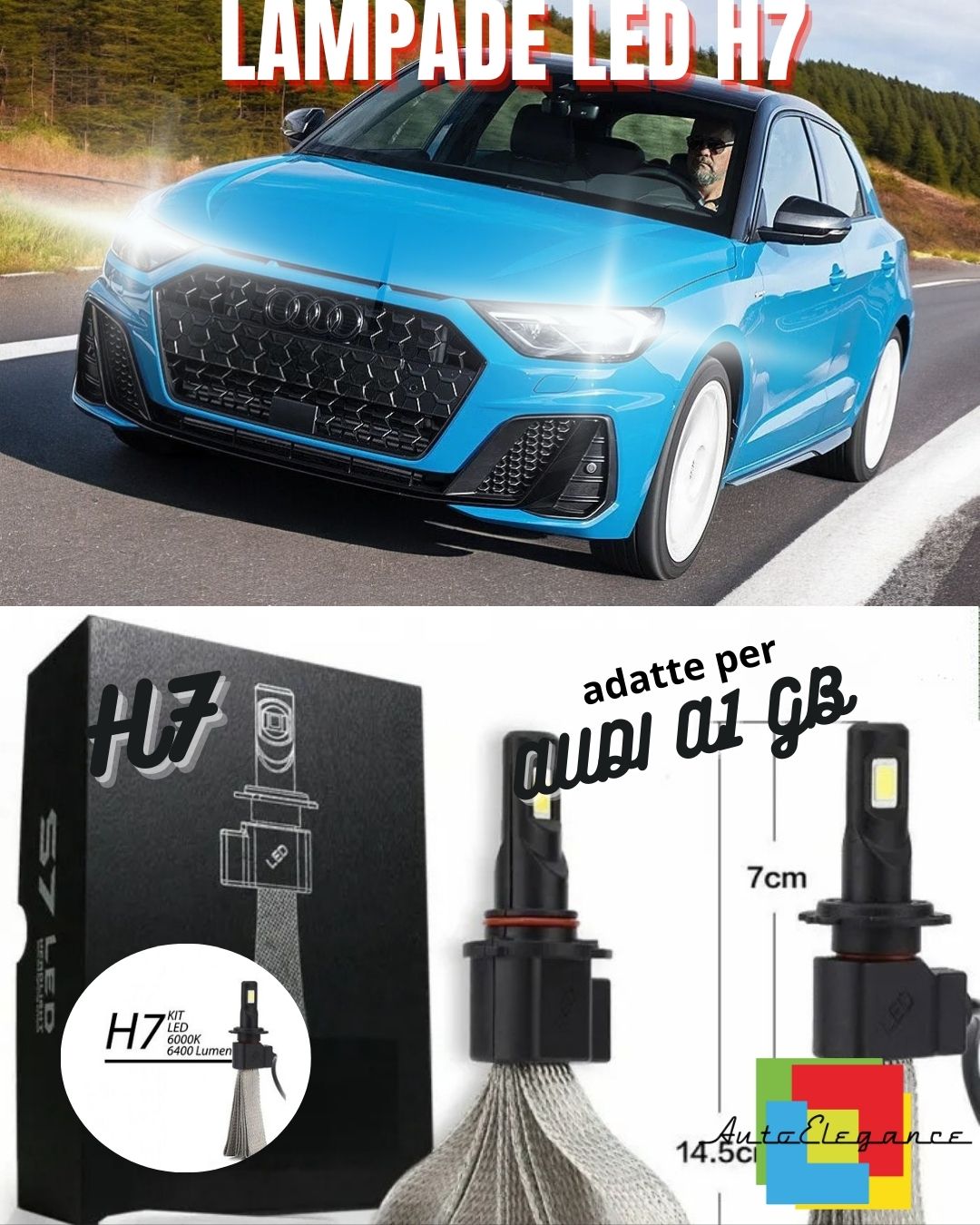 KIT LED AUDI A1 GB H7 6000K BIANCO 6400 LUMEN XENON XENO ANABBAGLIANTI
