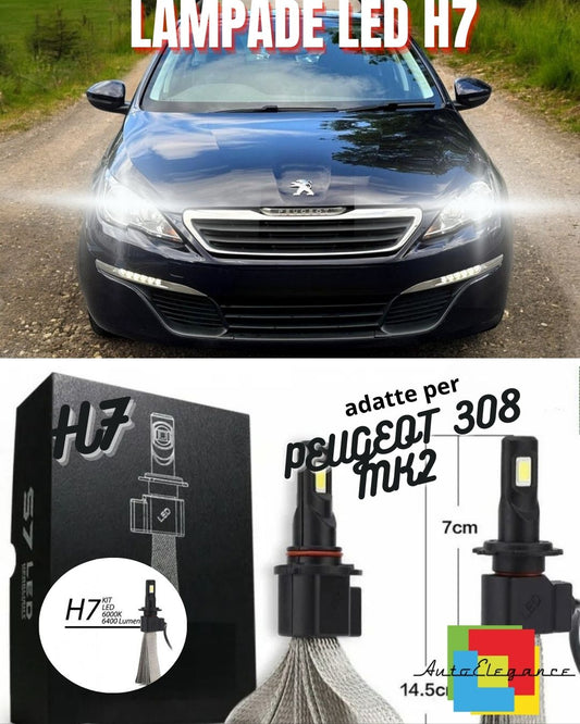 KIT ANABBAGLIANTI A LED PEUGEOT 308 MK2 LED H7 6000K 6400 LUMEN BIANCO