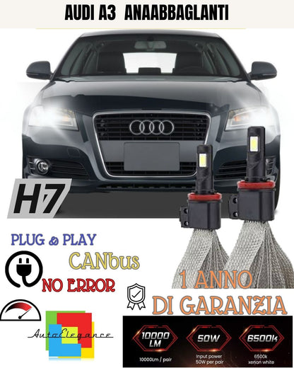 KIT LED H7 CANBUS AUDI A3 8V 6000K XENON LOW BEAM 6400 LUMEN + LAMP HOLDER