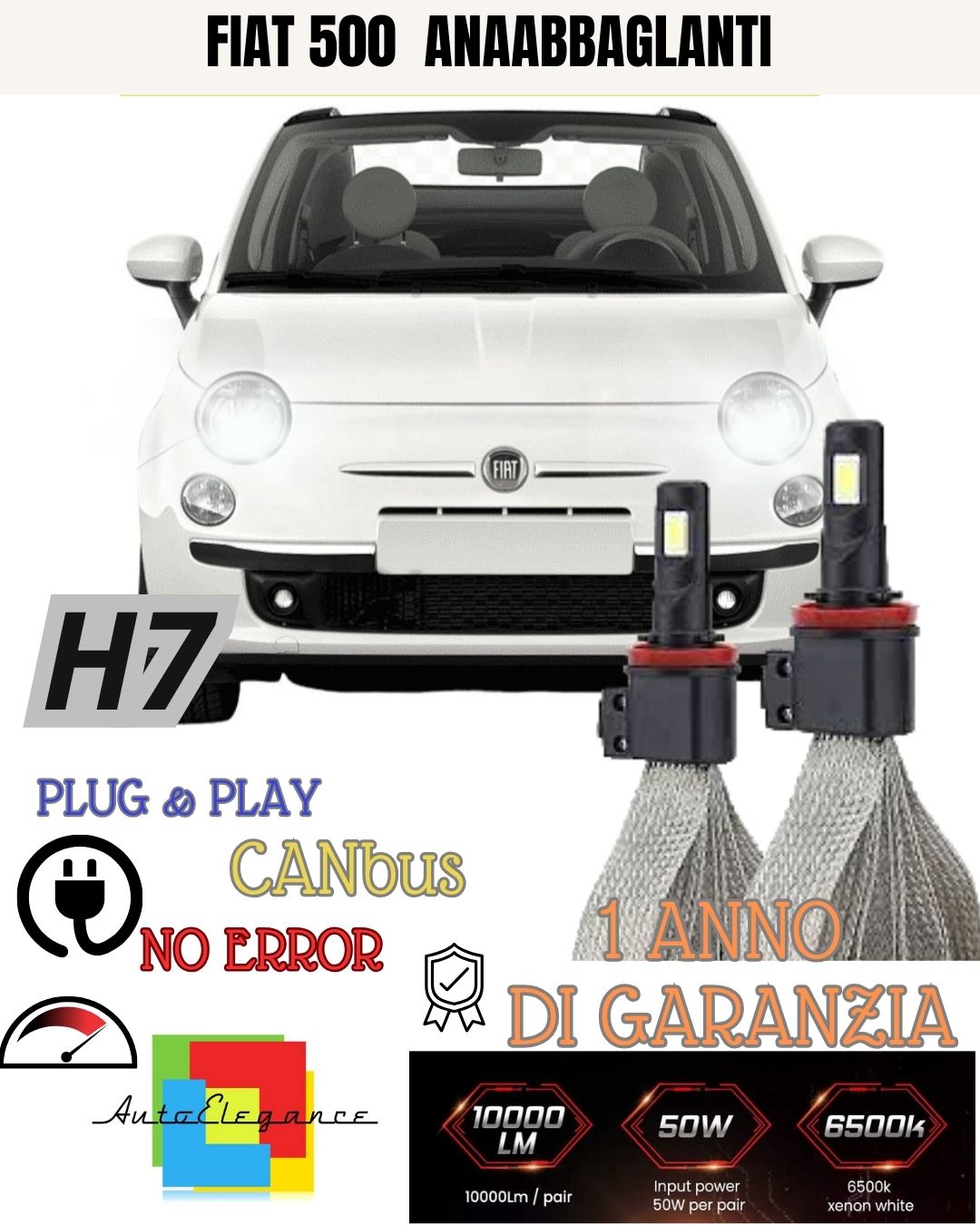 H7 LED LOW BEAM LAMP KIT FIAT 500 CINQUECENTO 6000K NO ERROR WHITE