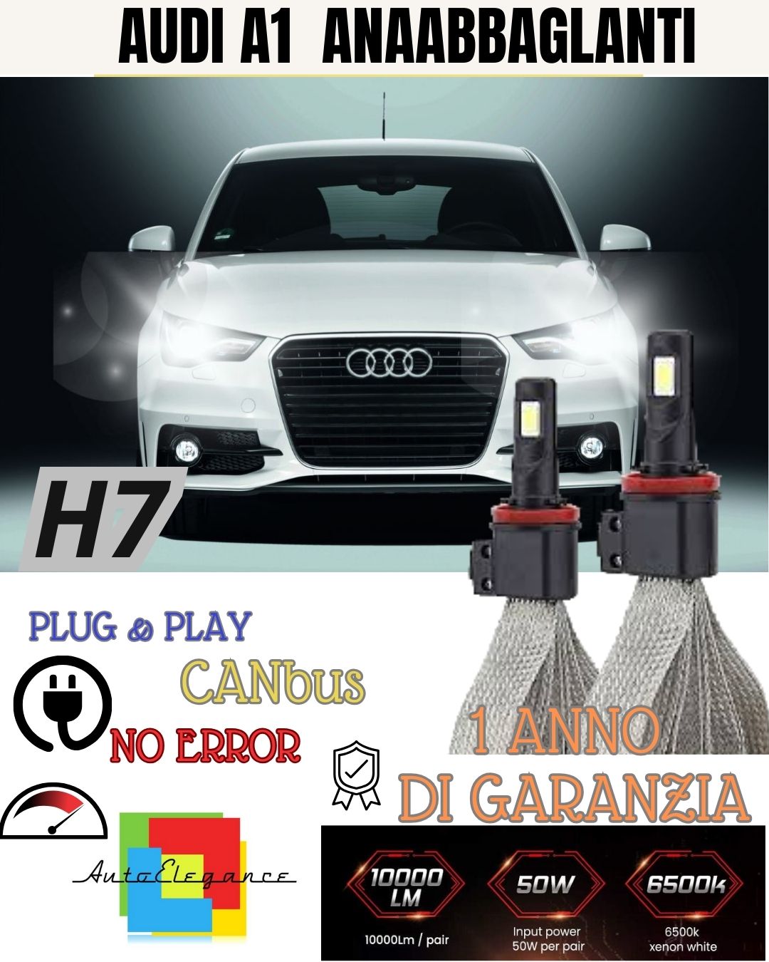 AUDI A1 H7 LED KIT 6000K XENON NO FAILURE LOW BEAM 6400 LUMEN NO FAILURE LIGHTS