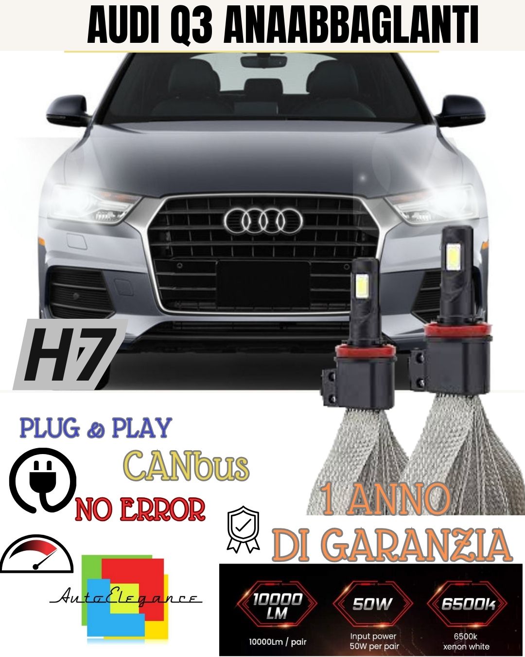 KIT LED H7 AUDI Q3 6000K XENON NO AVARIA ANABBAGLIANTI 6400 LUMEN 100% NO ERROR