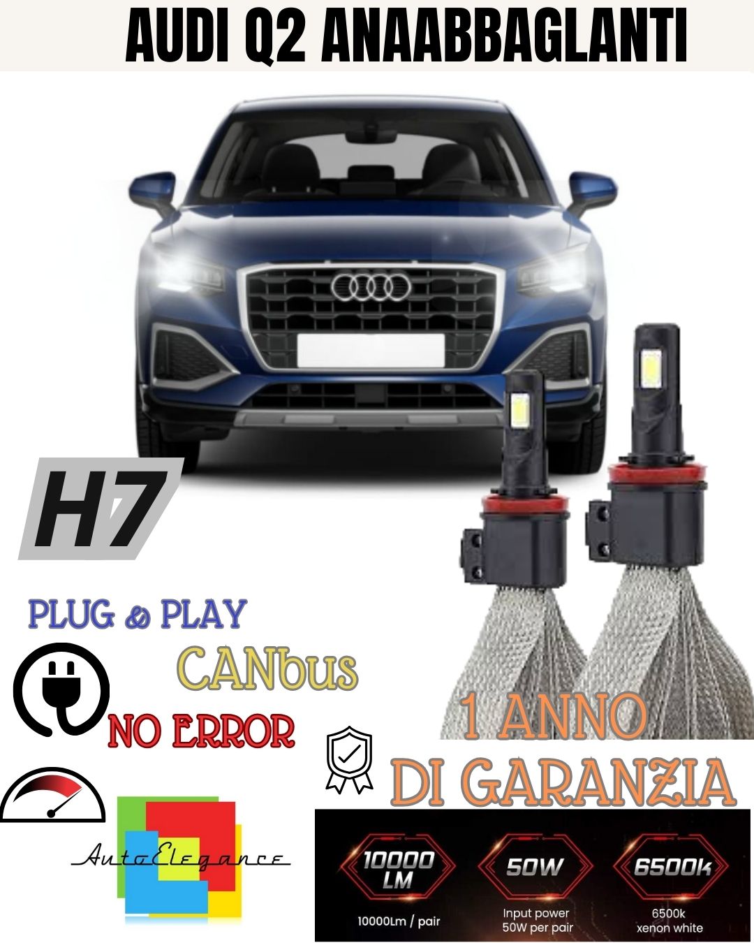 AUDI Q2 H7 LED KIT 6000K XENON NO FAILURE LOW BEAM 6400 LUMEN NO FAILURE LIGHTS