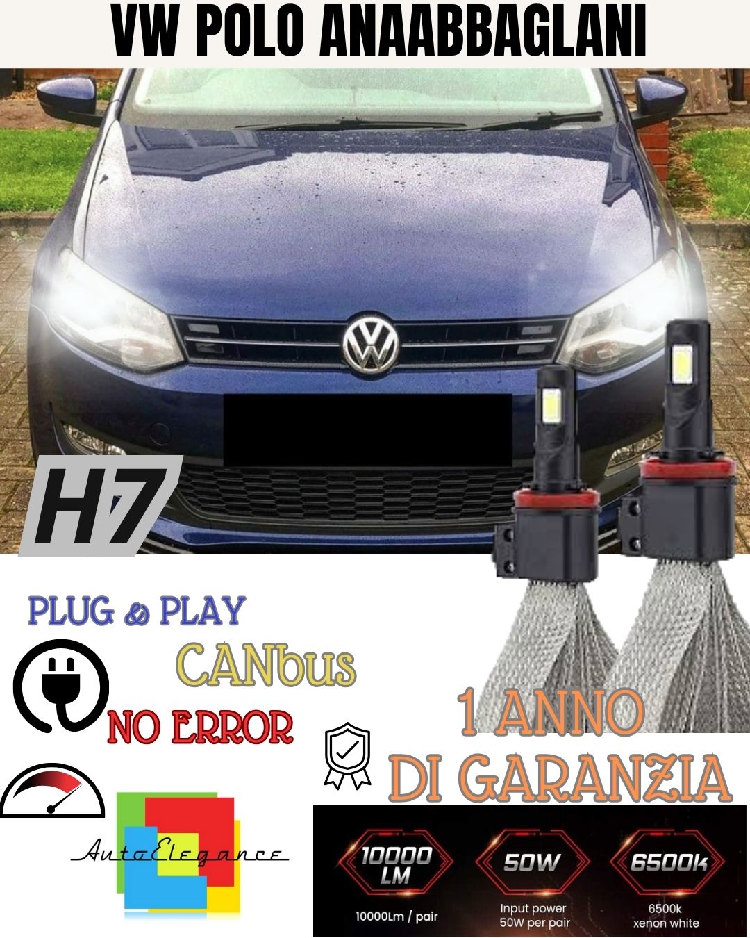 KIT FULL LED H7 ANABBAGLIANTE VW POLO 9N FINO AL 2005 6000K 6400 LUMEN BIANCO