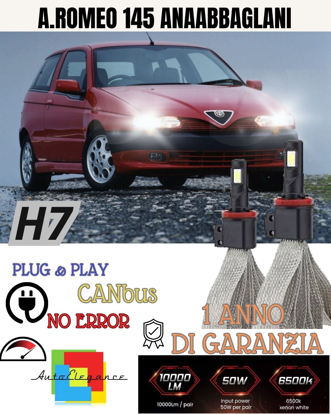 KIT H1 A LED CANBUS ANABBAGLIANTE ALFA ROMEO 145 6000K XENON NO ERROR 6400 LUMEN