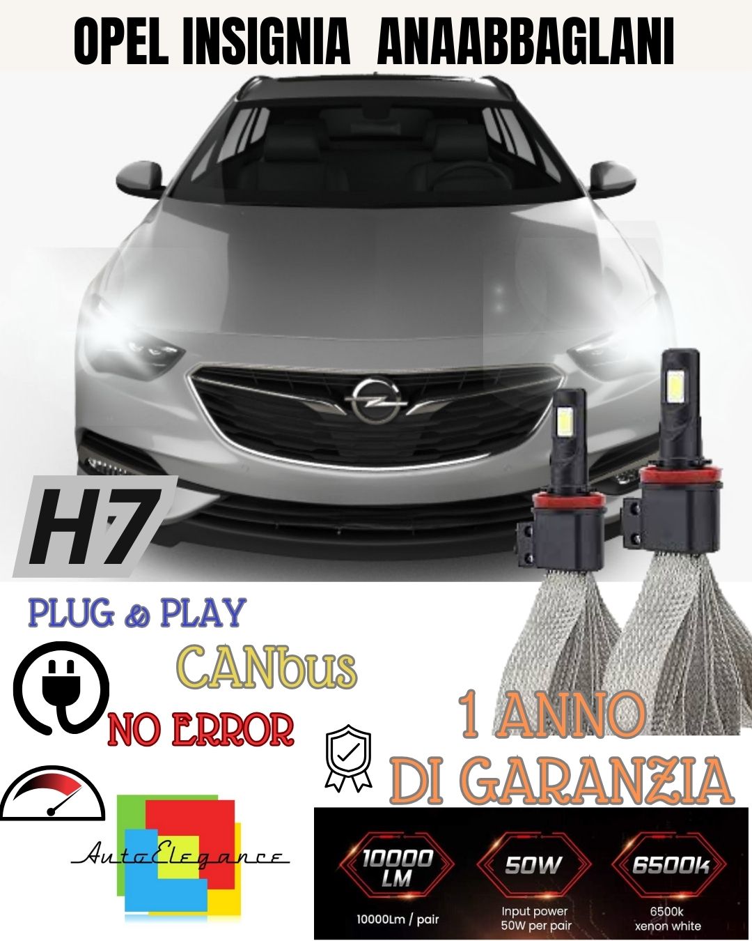 KIT LED H7 CANBUS OPEL INSIGNIA B 6000K XENON BIANCO ANABBAGLIANTI 6400 LUMEN