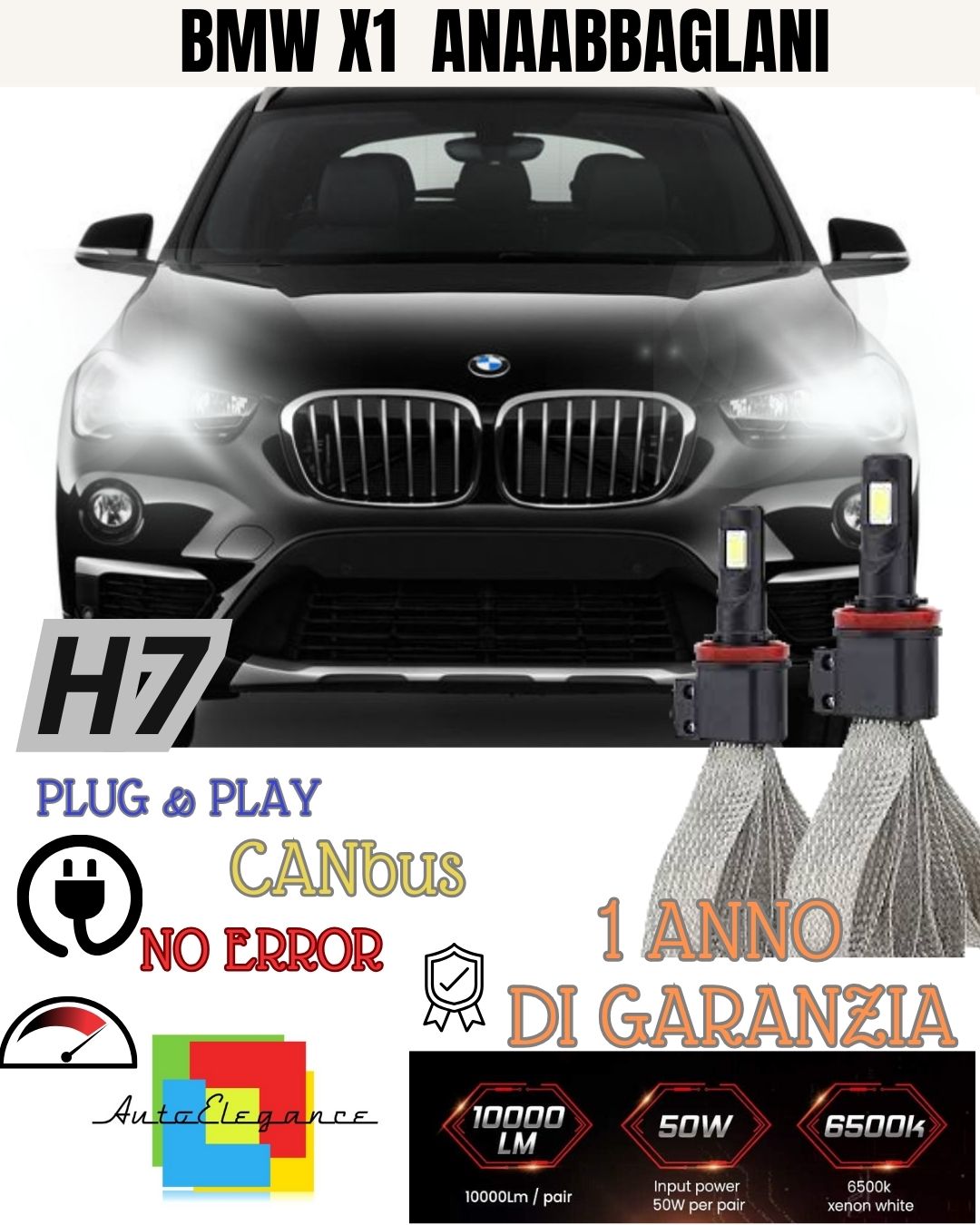 KIT LED H7 BMW X1 F48 6000K XENON 100% NO AVARIA ANABBAGLIANTI 6400 LUMEN