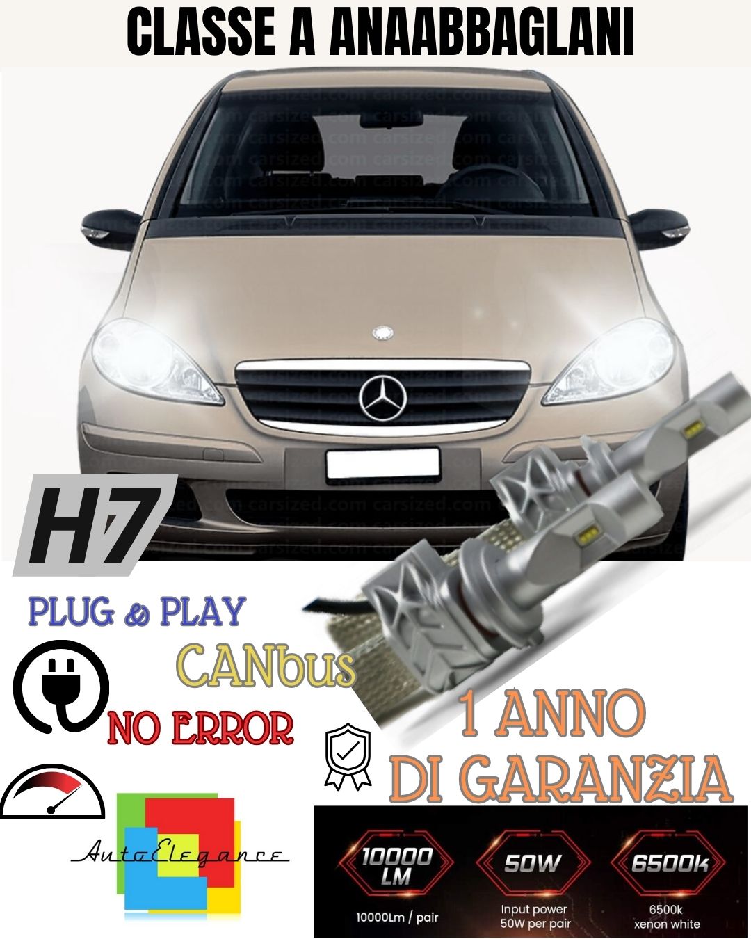 KIT LED H7 CANBUS MERCEDES CLASSE A W168 8000 LUMEN 6500K ANABBAGLIANTI