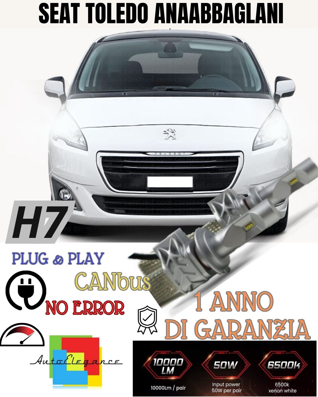 LED KIT H7 CANBUS PEUGEOT 5008 MK1 8000 LUMEN 6500K LOW BEAM + LAMP HOLDER