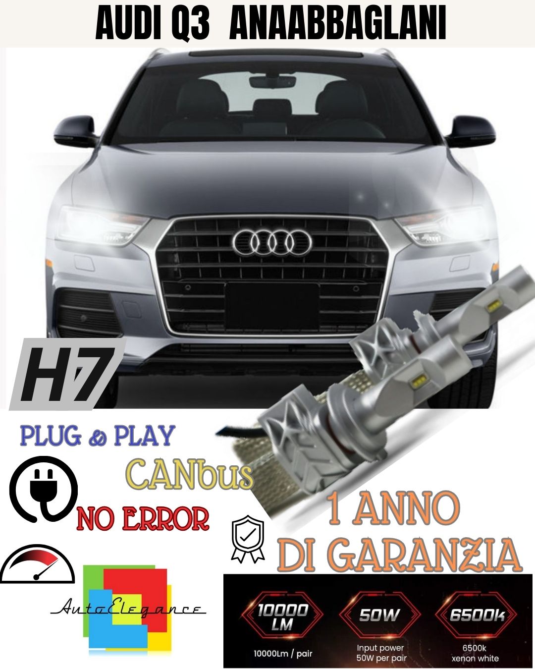 KIT FULL LED AUDI Q3 8U LAMPADE H7 6500K BIANCO 8000 LUMEN CANBUS ANABBAGLIANTI