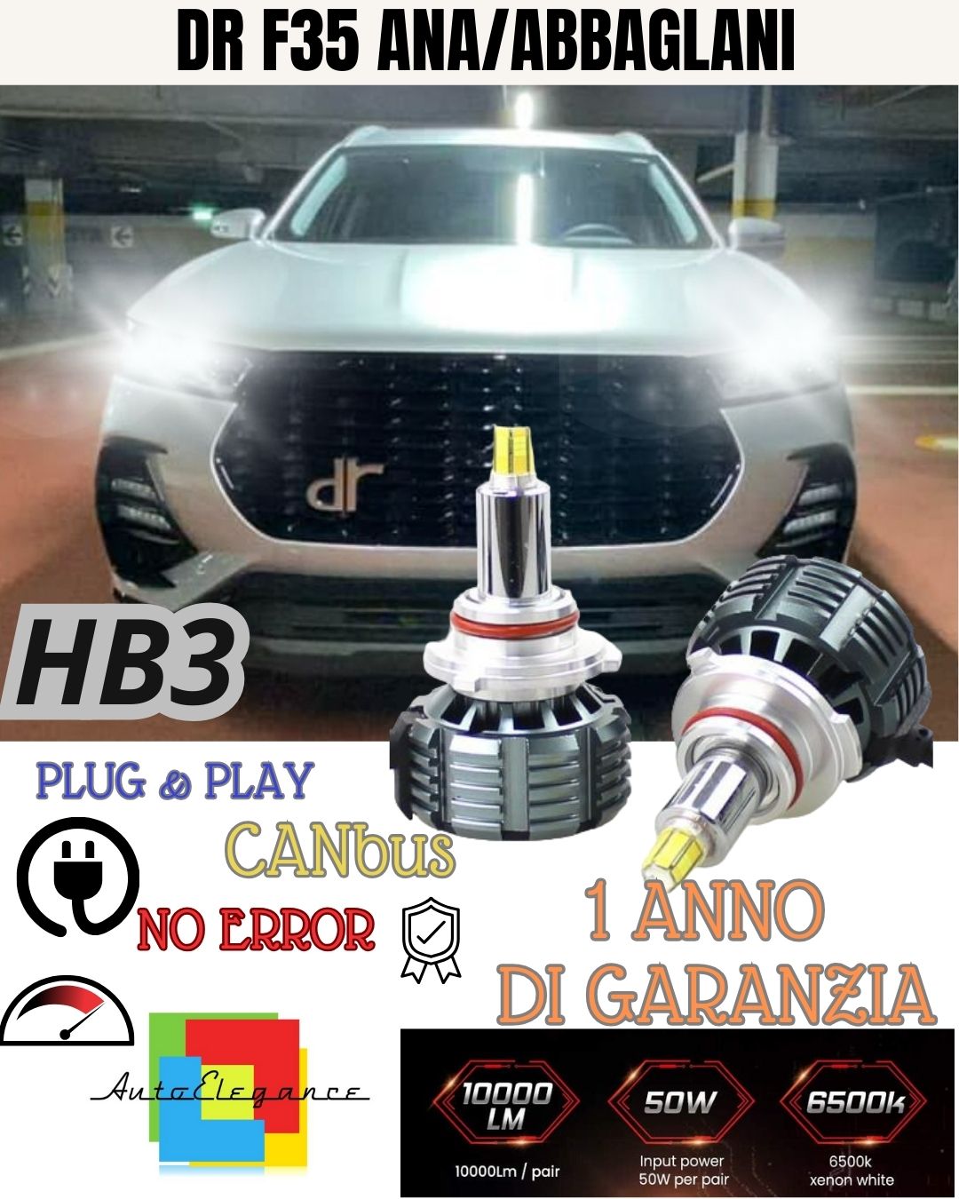 KIT FULL LED HB3 CANBUS DR F35 DR35 9600 LUMEN 6000K ANABBAGLIANTI / ABBAGLIANTI