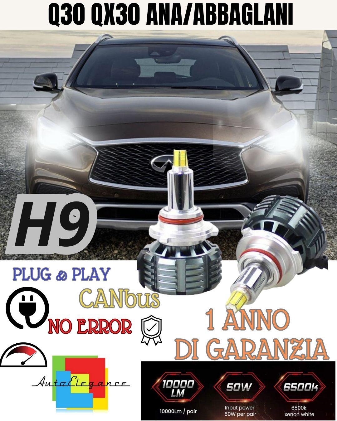 FULL LED KIT H9 6000K CANBUS 360° INFINITI Q30 / QX30 LOW BEAM HIGH BEAM 