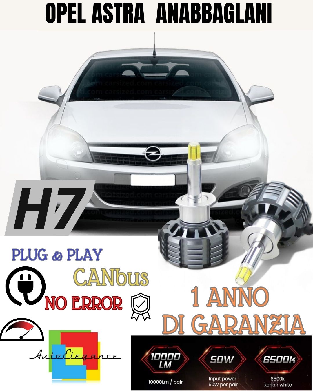 KIT LED H7 CANBUS OPEL ASTRA H 9600 LUMEN 6000K ICE WHITE LOW BEAM 