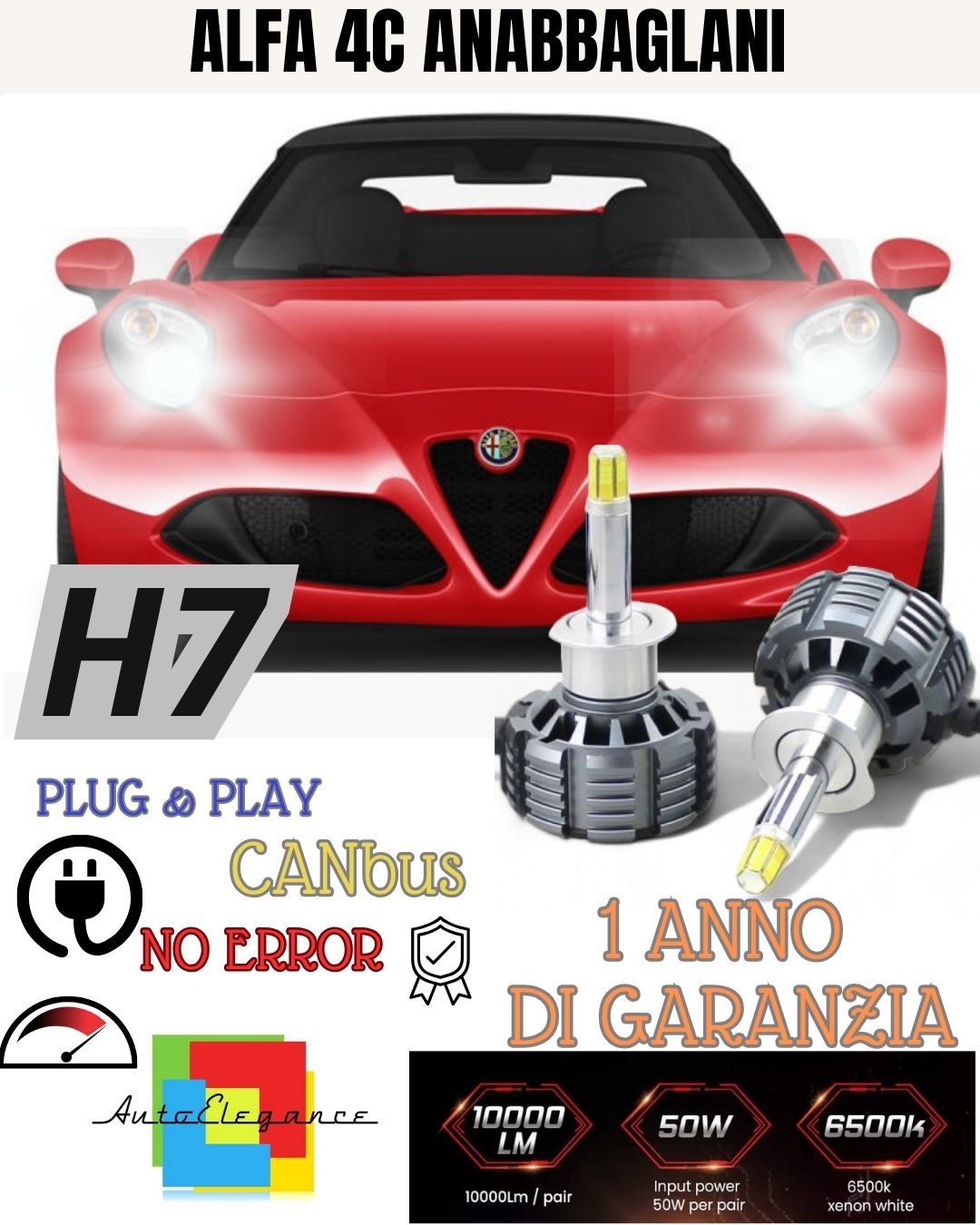 ALFA 4C LED H7 KIT CANBUS 6000K XENON 9600 LUMEN 80W LOW BEAM HIGH BEAM 