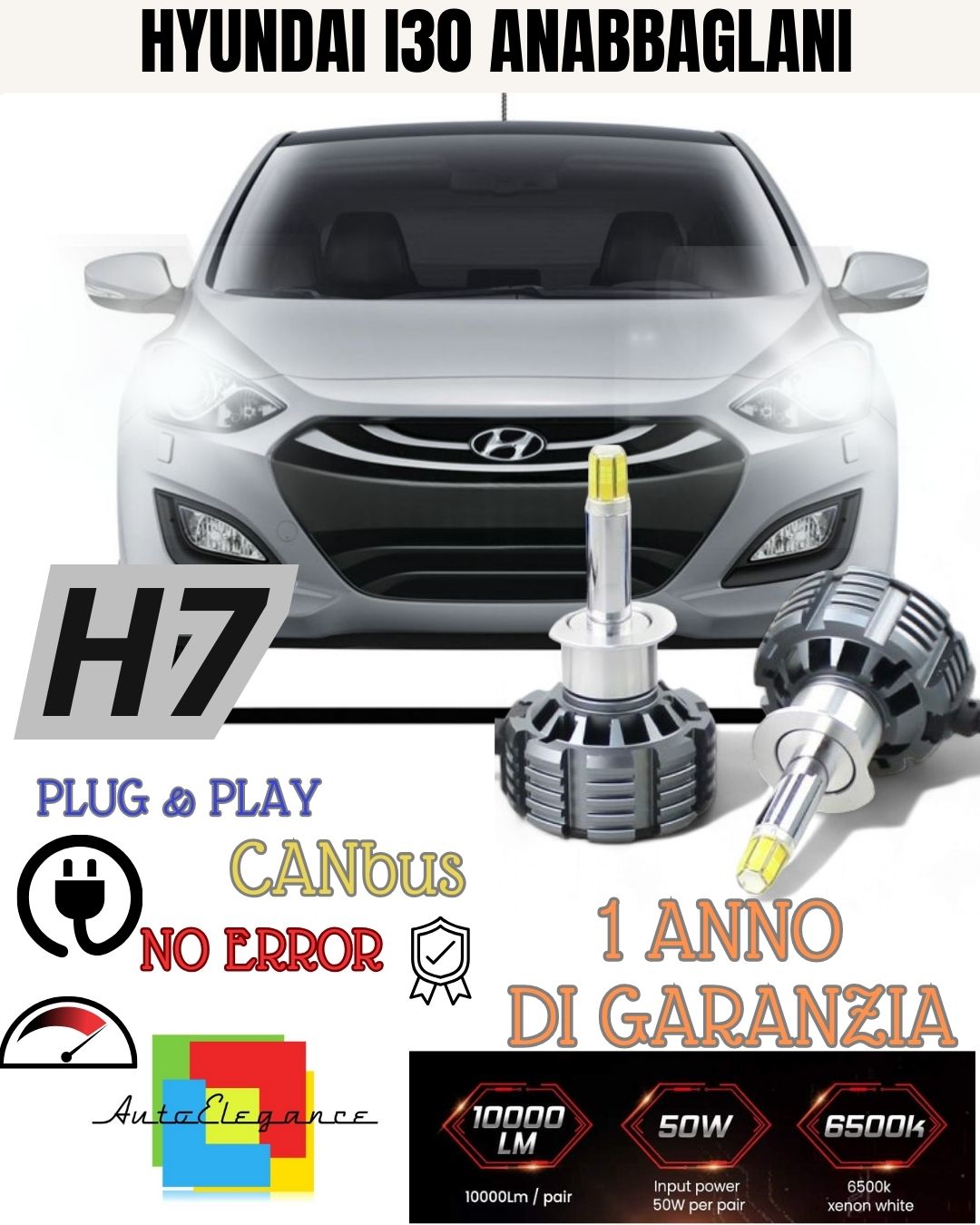 KIT H7 A LED CANBUS ANABBAGLIANTE HYUNDAI I30 FASTBACK 6000K XENON 9600 LUMEN