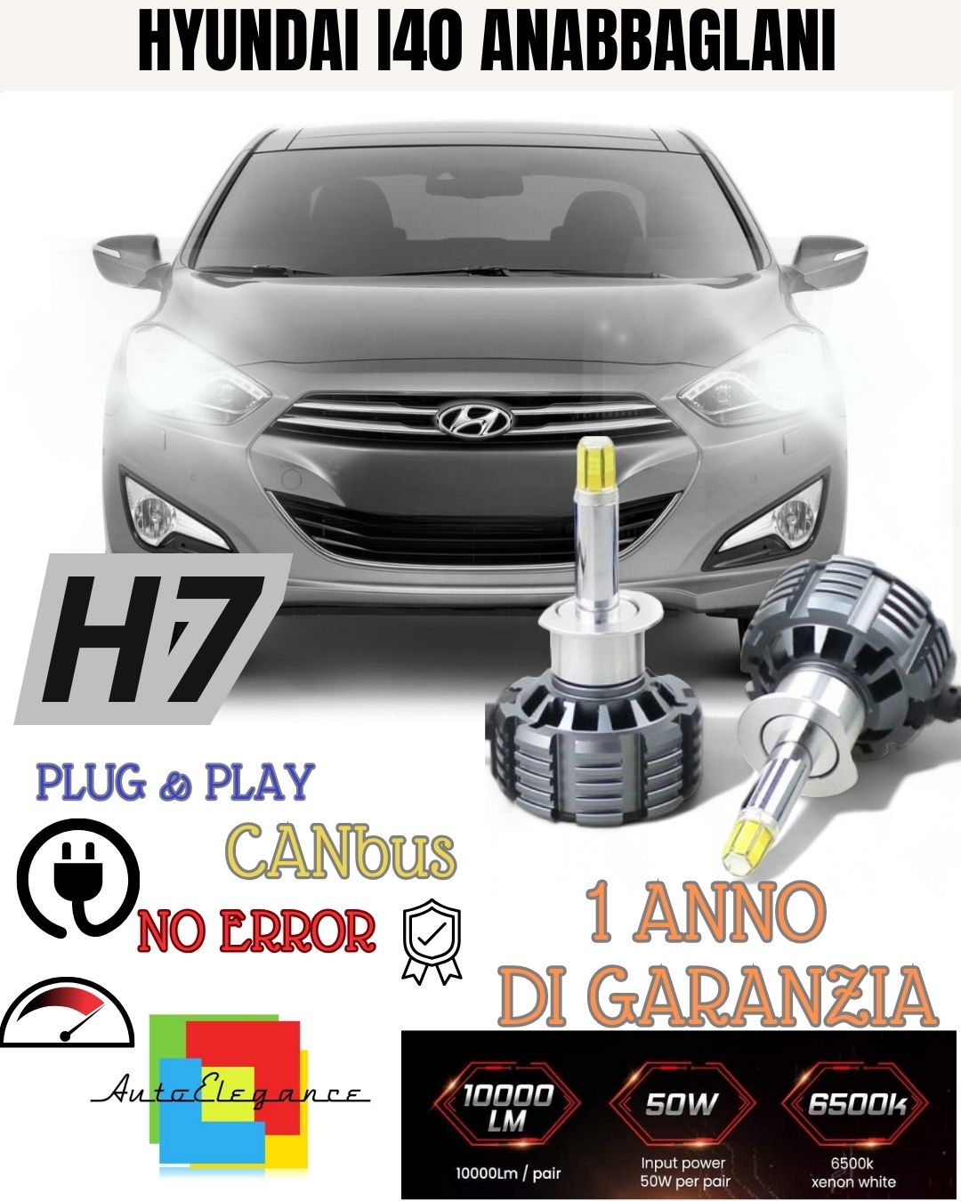 KIT H7 A LED CANBUS ANABBAGLIANTE HYUNDAI I40 6000K XENON NO ERROR 9600 LUMEN