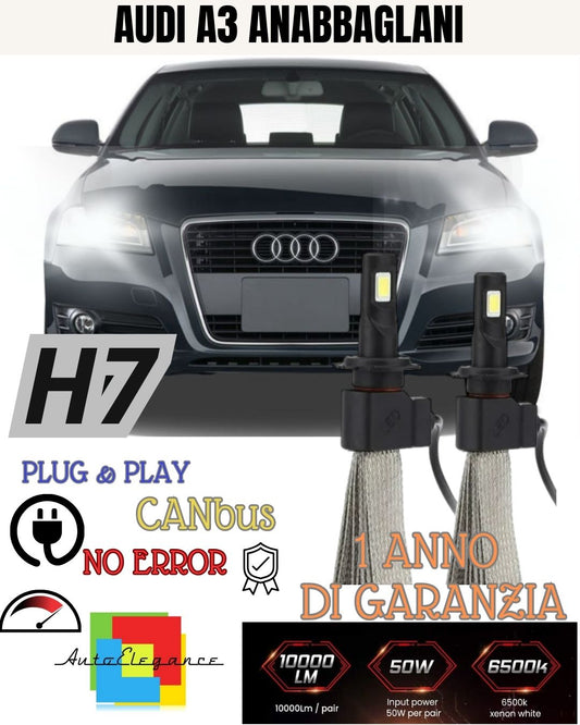 KIT LED H7 CANBUS AUDI A3 8V 6000K XENON ANABBAGLIANTI 6400 LUMEN + PORTALAMPADE