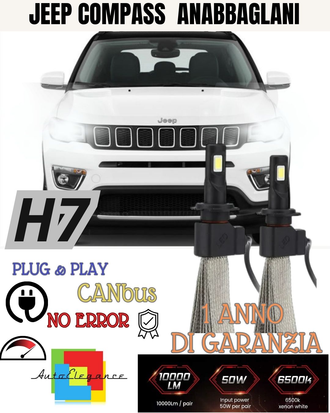 FULL LED KIT HB3 JEEP COMPASS MK2 6000K WHITE CANBUS LOW BEAM HIGH BEAM 