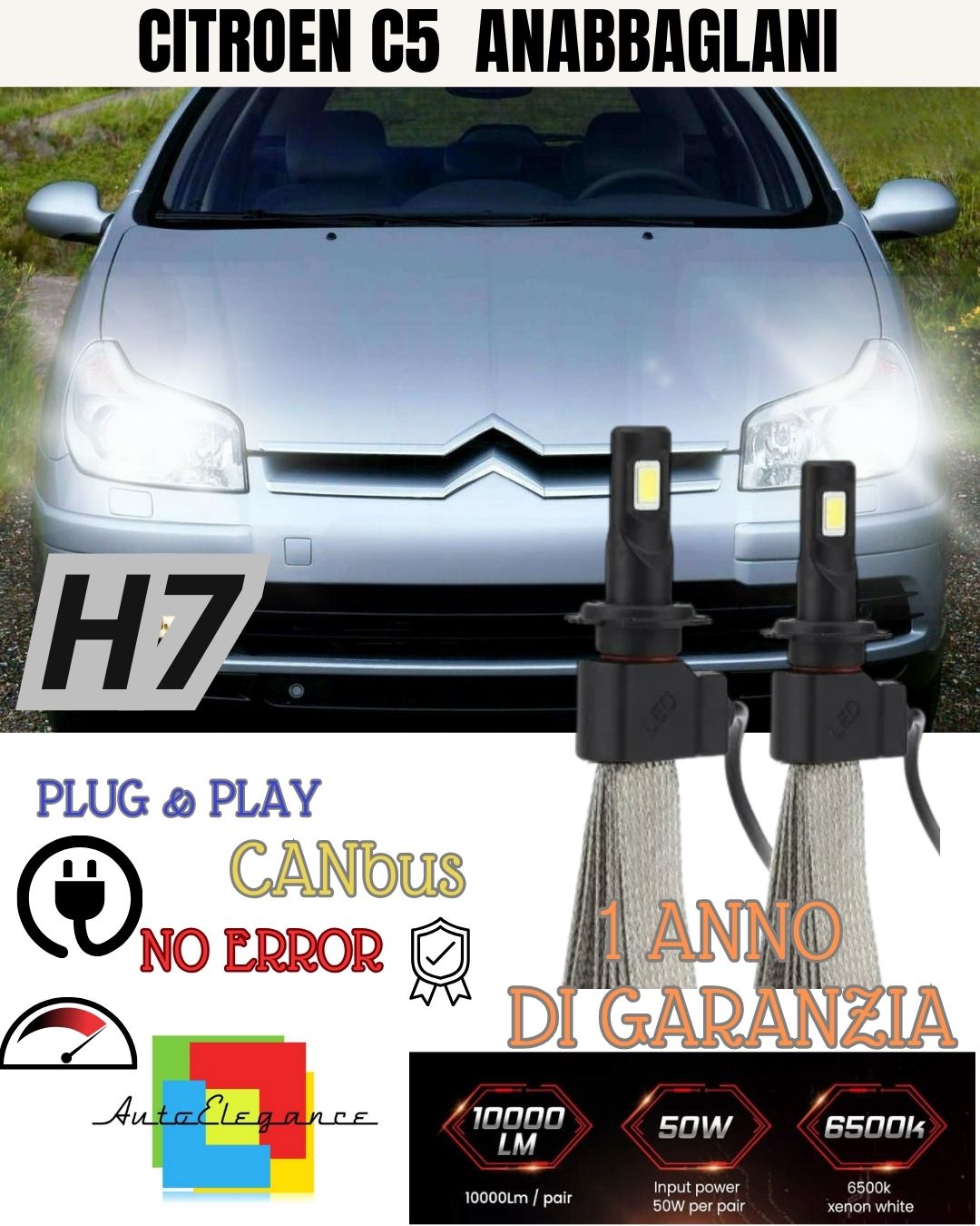 H7 LED KIT FOR CITROEN C5 MK1 RESTYLING 6000K WHITE CANBUS LED LOW BEAM