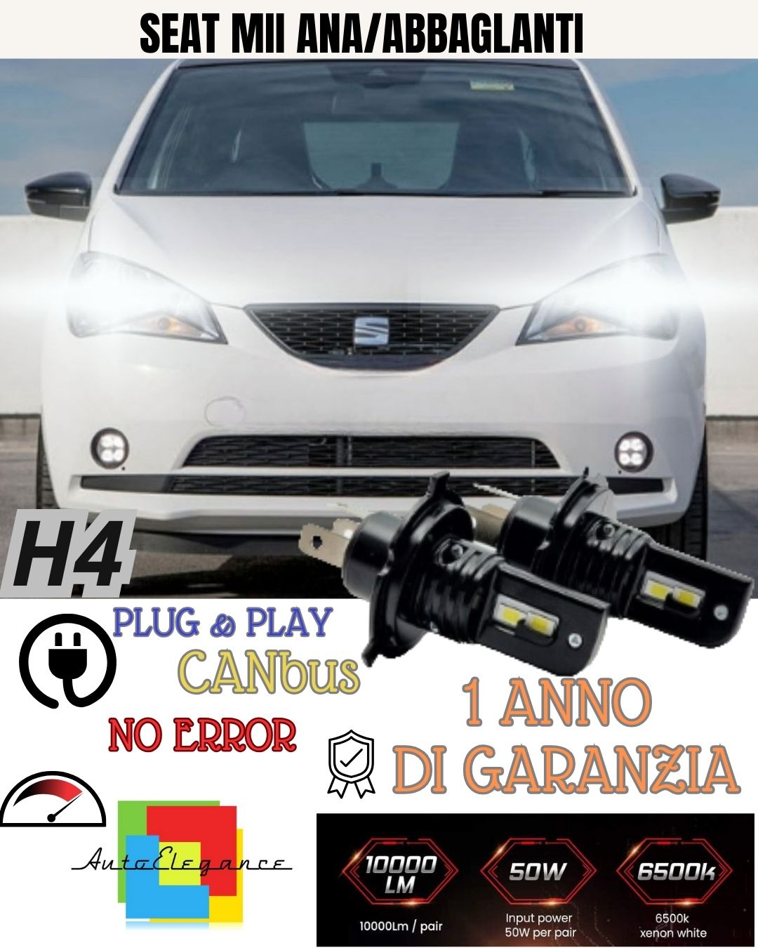 KIT H4 A LED PER SEAT MII LAMPADE LED H4 6000K XENON BIANCO NO AVARIA LUCI