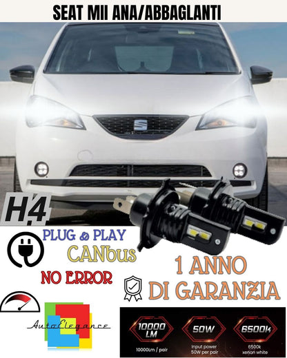 KIT H4 A LED PER SEAT MII LAMPADE LED H4 6000K XENON BIANCO NO AVARIA LUCI