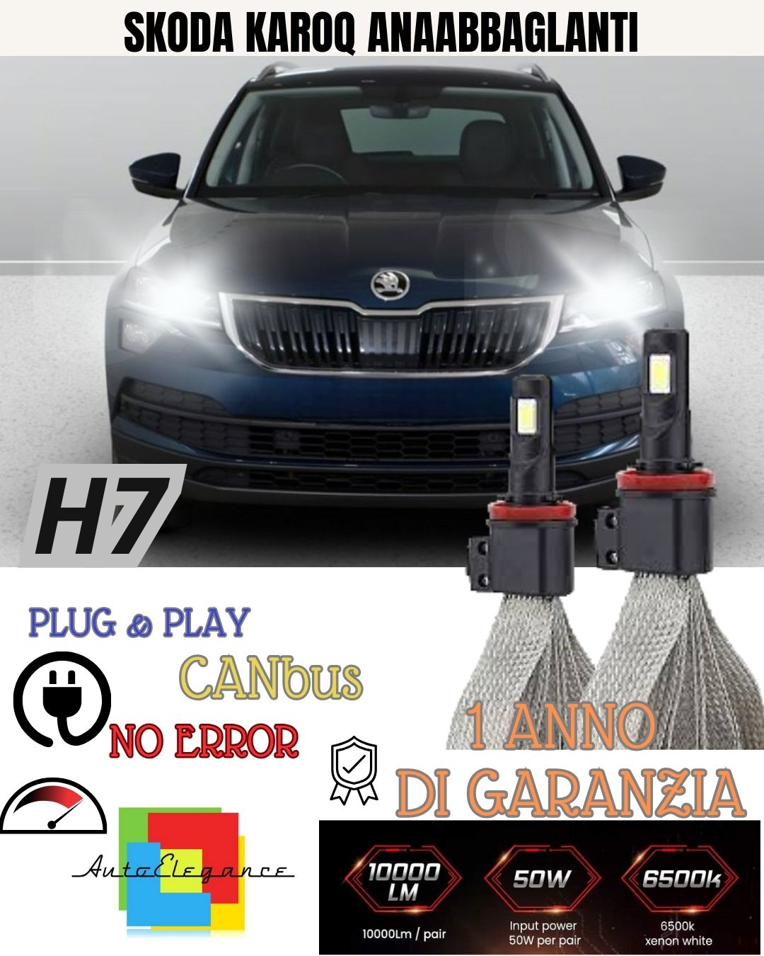 KIT LAMPADE H7 LED ANABBAGLIANTE SKODA KAROQ 6000K XENON NO ERROR BIANCO CANBUS