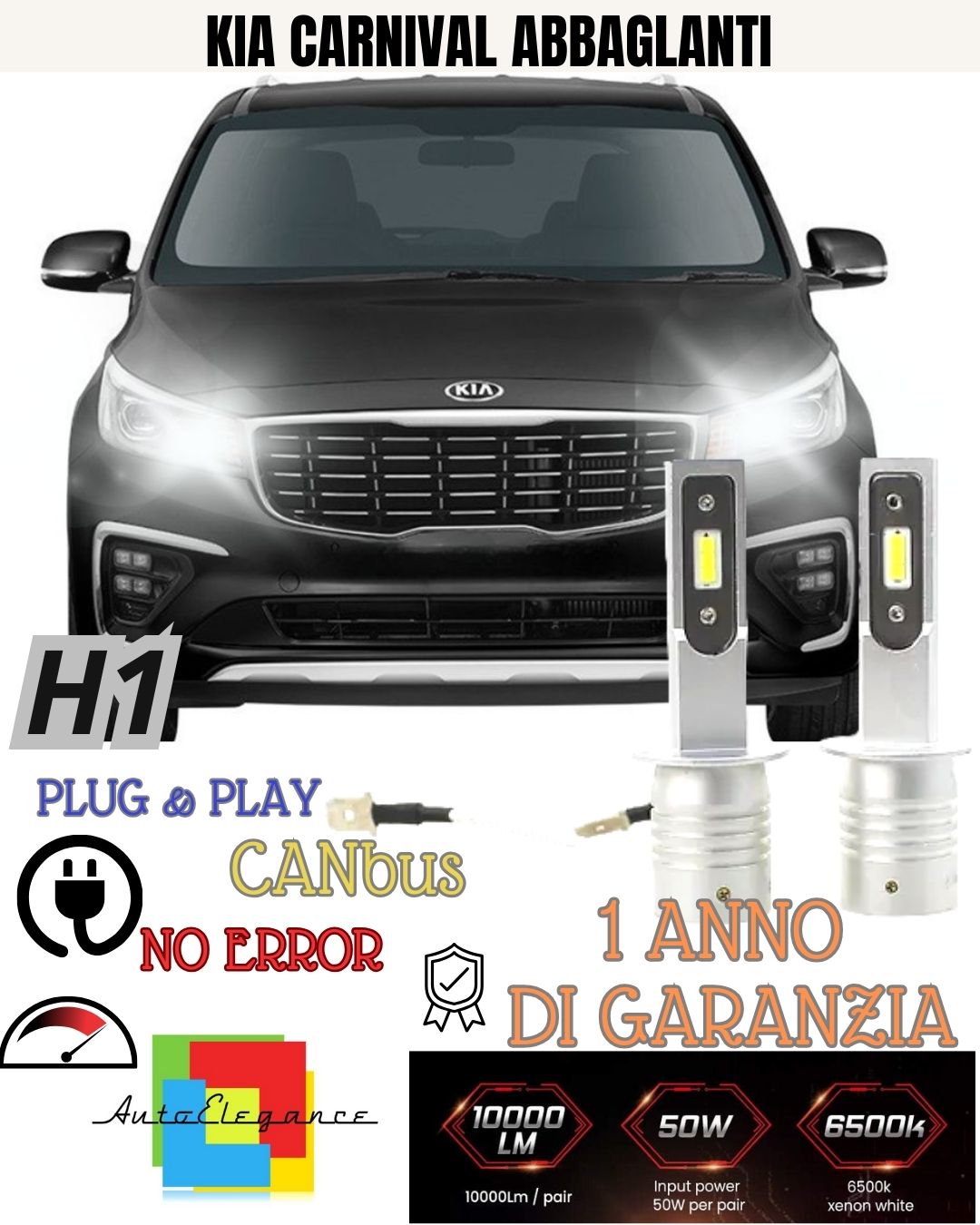 KIT LED H1 KIA CARNIVAL MK2 6000K NO AVARIA ABBAGLIANTI 10000 LUMEN LUCE BIANCA