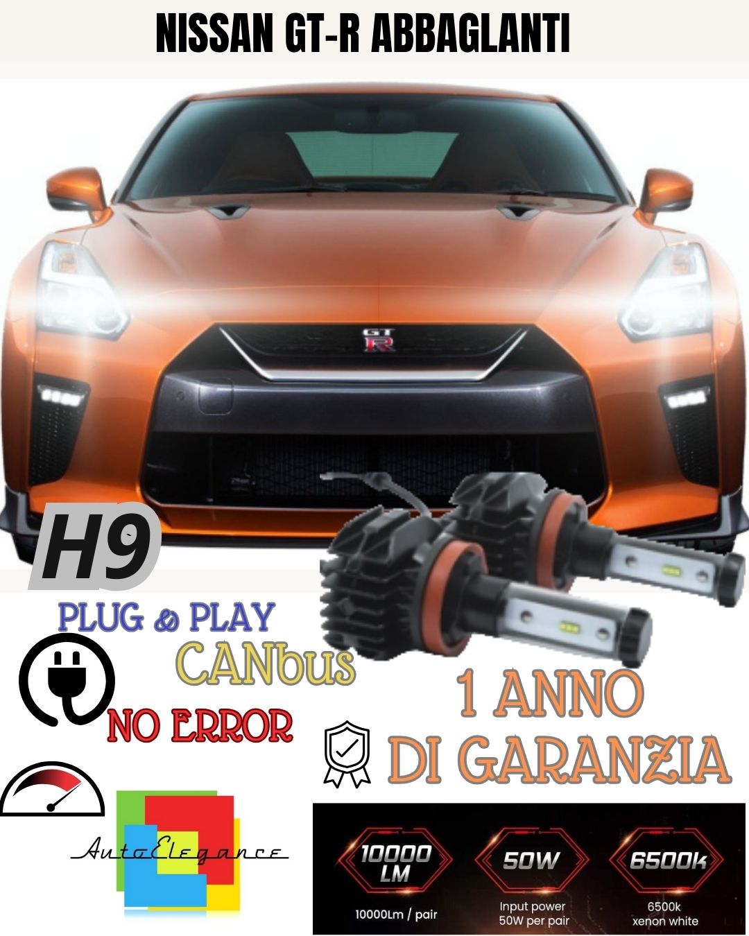 KIT FULL LED H9 PER NISSAN GT-R GTR R35 6000K 9800 LUMEN CANBUS ABBAGLIANTI