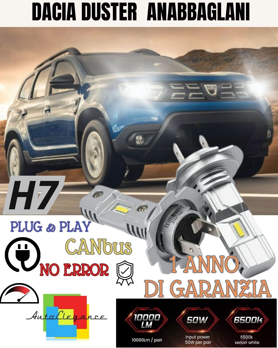 LED KIT H7 DACIA DUSTER MK2 II 6000K WHITE 6000 LUMEN CANBUS LOW BEAM