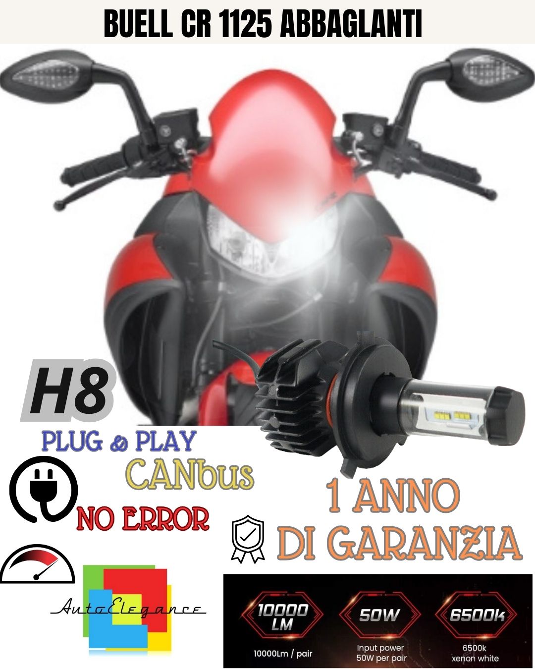 LAMPADA LED H8 6000K 4900 LUMEN CANBUS BUELL CR 1125 ABBAGLIANTE NO AVARIA LUCI