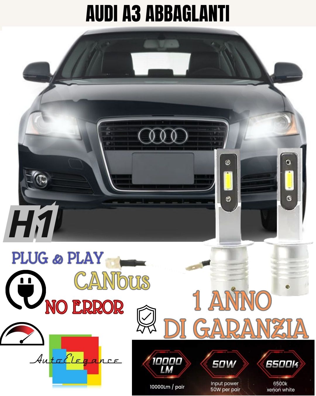 KIT LED H1 ABBAGLIANTE AUDI A3 8L 10000 LUMEN 6000K CANBUS ALL IN ONE