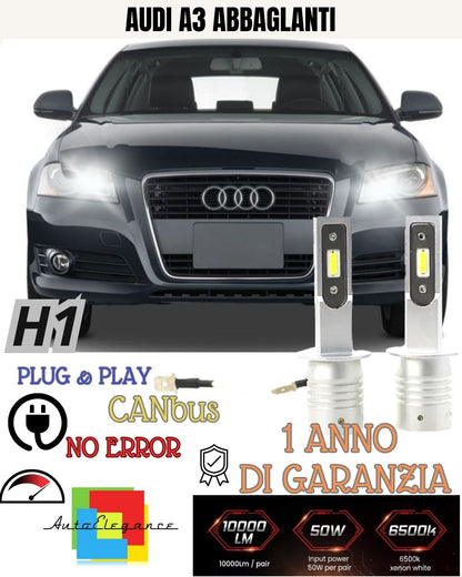KIT LED H1 ABBAGLIANTE AUDI A3 8L 10000 LUMEN 6000K CANBUS ALL IN ONE