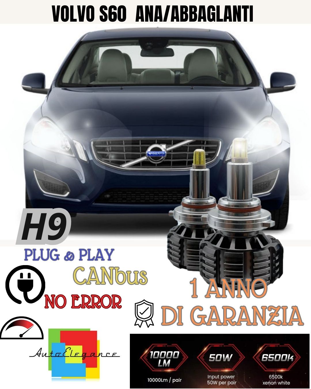 FULL LED KIT H9 VOLVO S60 MK2 HIGH BEAM 9600 LUMEN 6000K WHITE CANBUS 