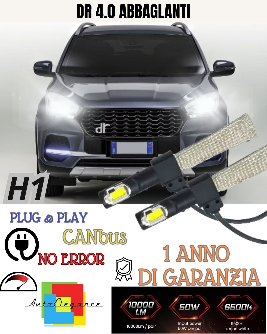 KIT LED H1 DR 4.0 40 ABBAGLIANTI 6400 LUMEN 6000K BIANCO CANBUS
