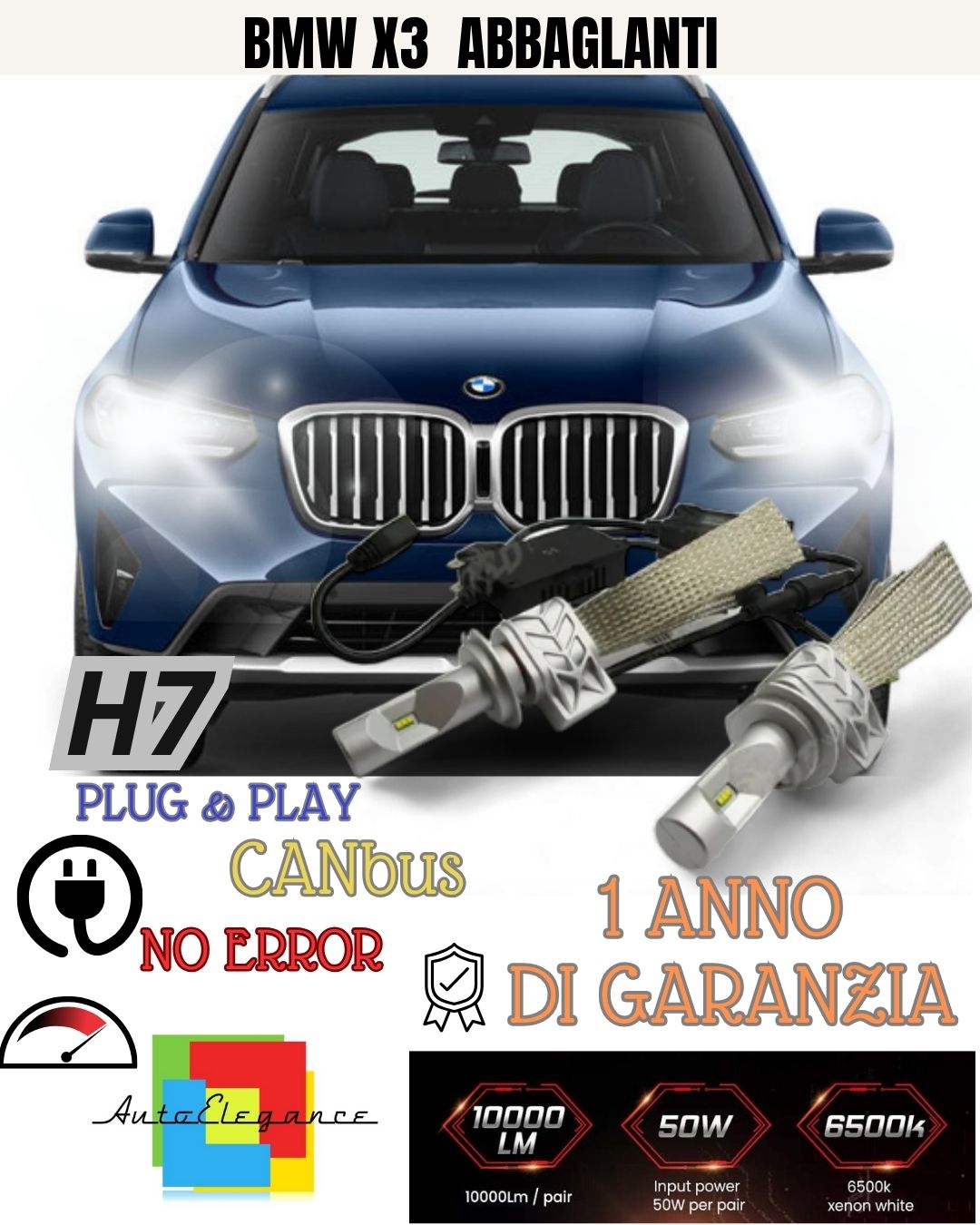 KIT FULL LED BMW X3 G01 H7 6500K ABBAGLIANTE CANBUS 8000 LUMEN XENO