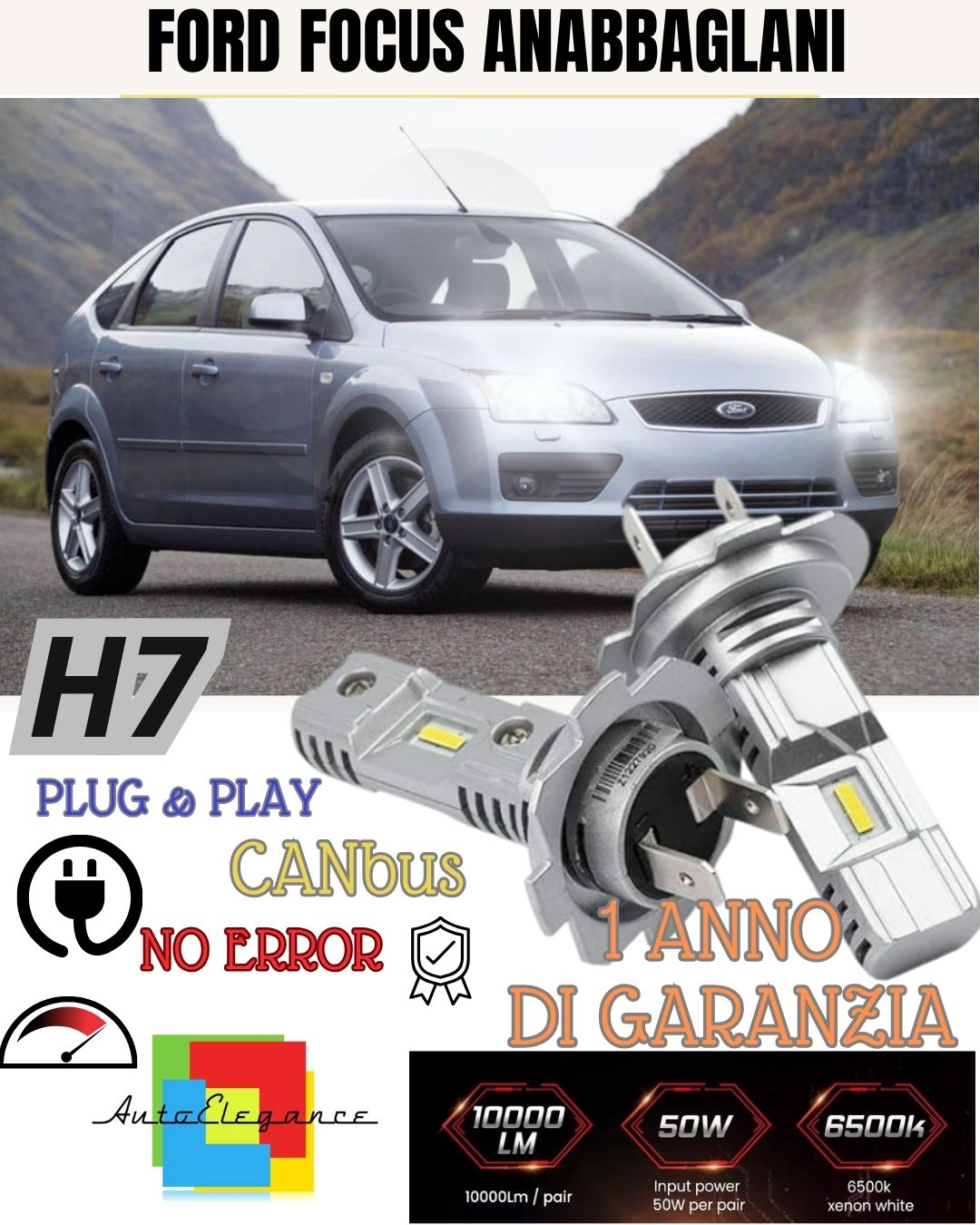 H7 LED KIT FOR FORD FOCUS MK2 II 6000K WHITE 6000 LUMEN CANBUS LOW BEAM 