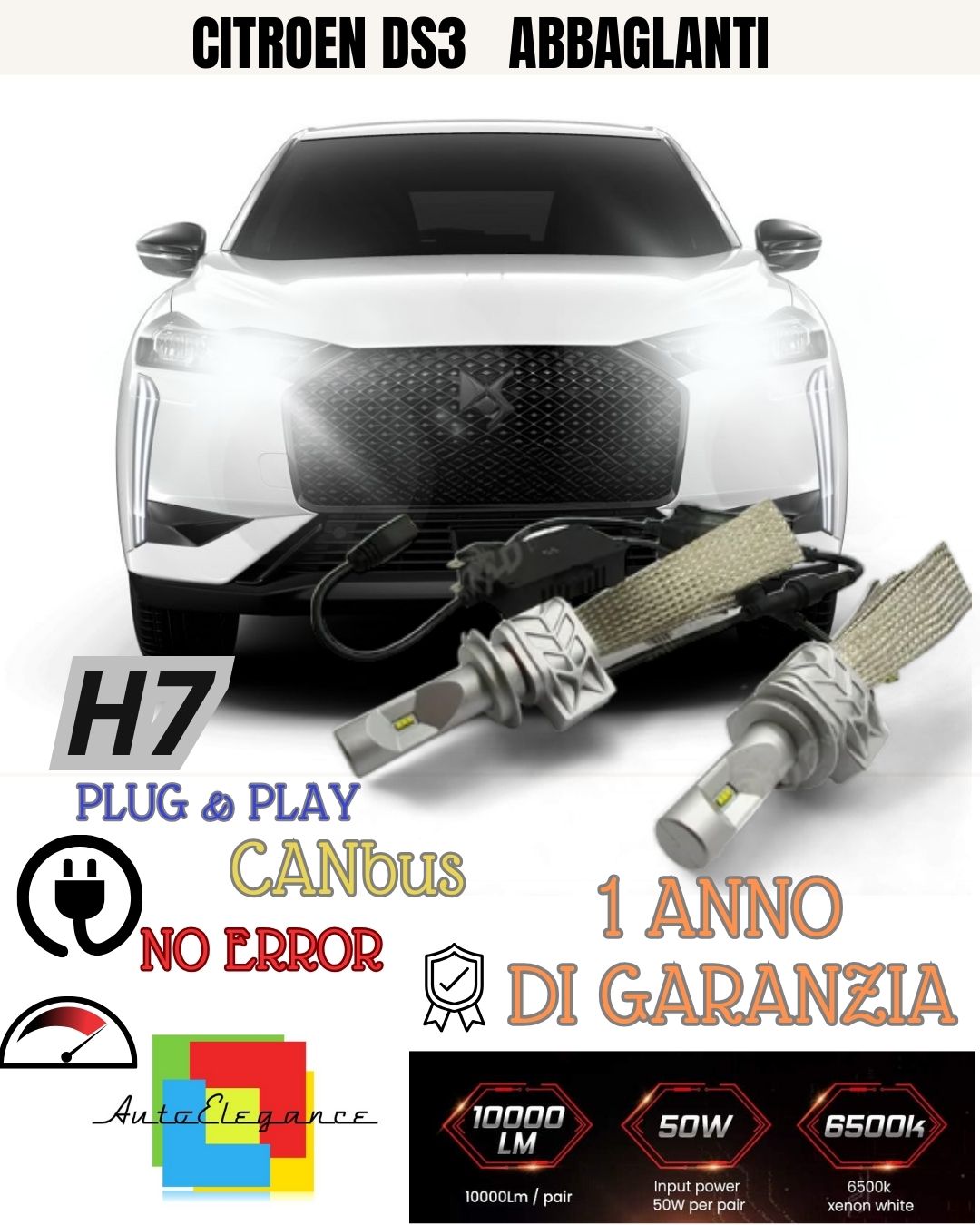 KIT FULL LED CITROEN DS3 CROSSBACK LED H7 6500K ABBAGLIANTE CANBUS 8000 LUMEN