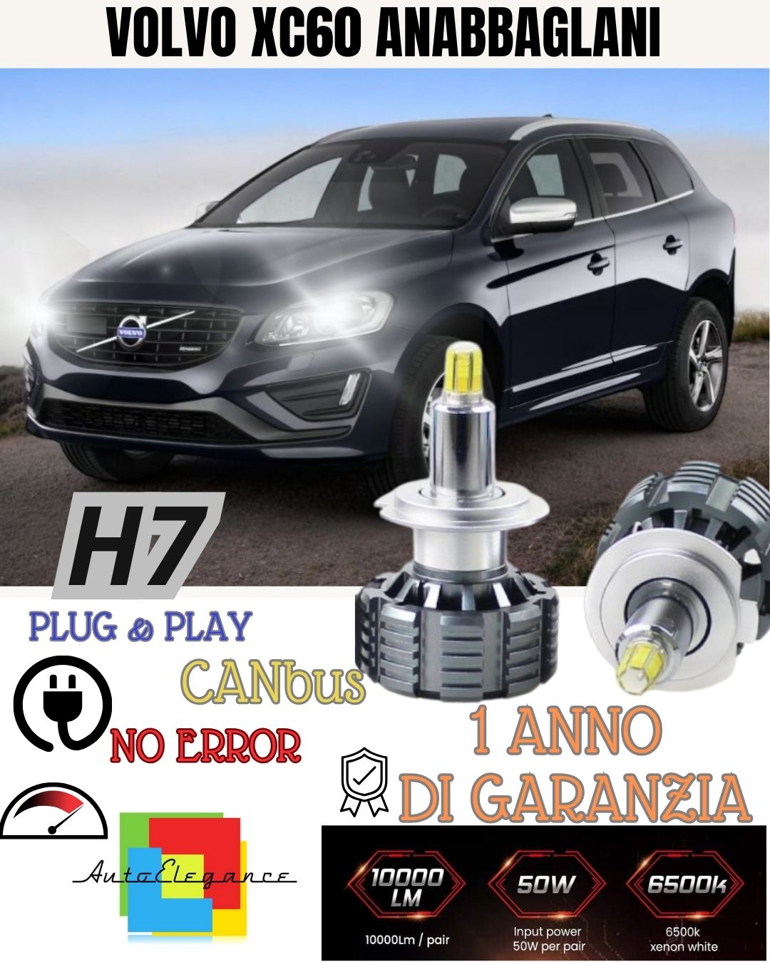 KIT LED H7 6000K CANBUS XENON 9600 LM LUMEN VOLVO XC60 NO ERROR