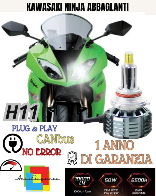 LAMPADA LED H11 6000K 4800 LUMEN KAWASAKI NINJA 600 ZX6R 2009-2016 ABBAGLIANTE