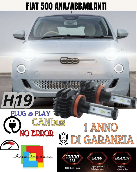 KIT LED H19 FIAT 500E 6000K BIANCO 18000 LUMEN CANBUS  ANABBAGLIANTI ABBAGLIANTI