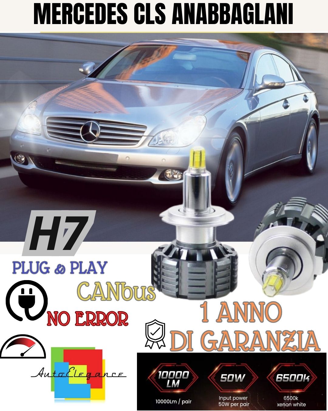 KIT LED H7 CANBUS LED 9600 LUMEN MERCEDES CLS C219 6000K BIANCO ANABBAGLIANTI