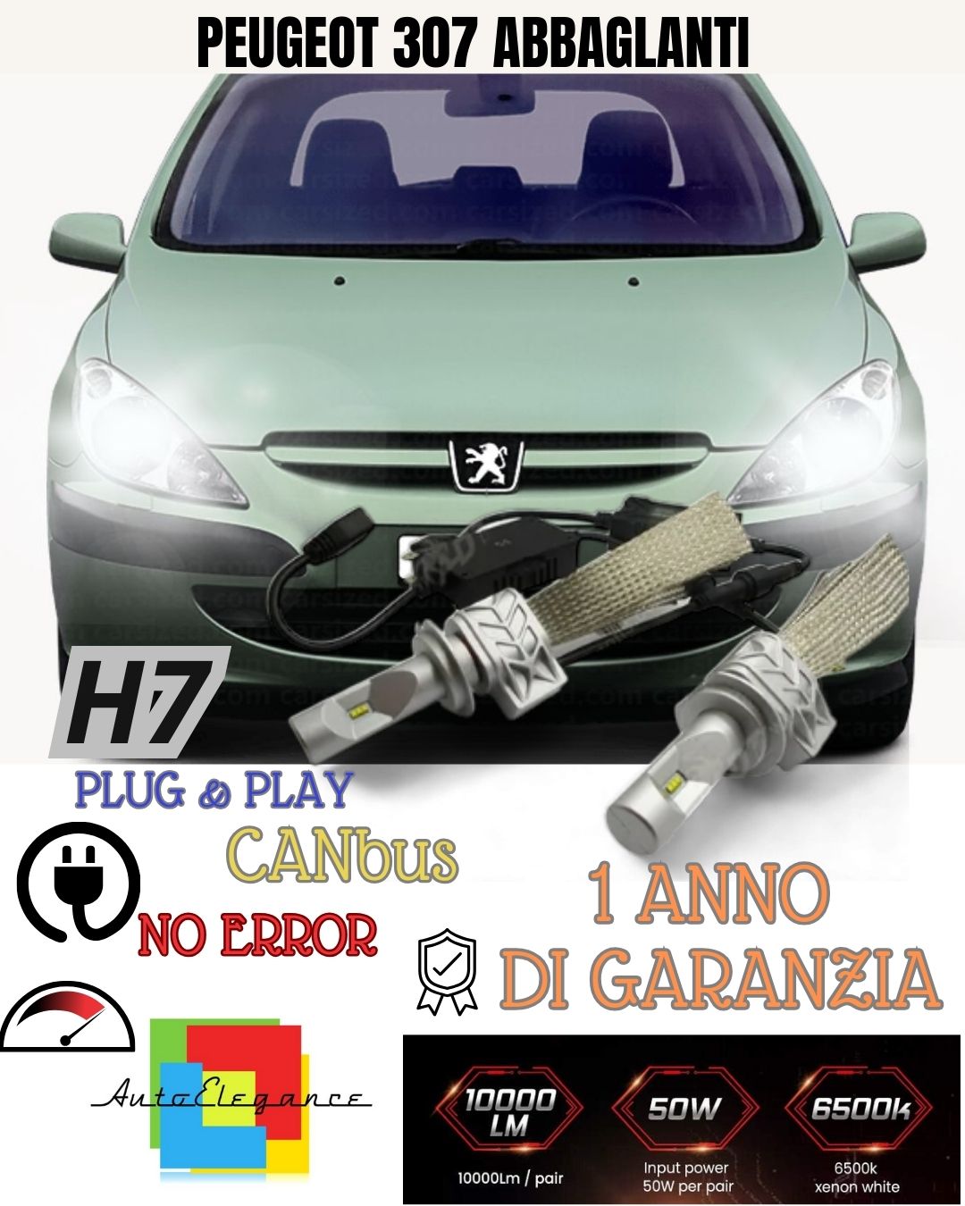 FULL LED KIT PEUGEOT 307 RESTYLING H7 6500K HIGH BEAM CANBUS 8000 LUMEN 