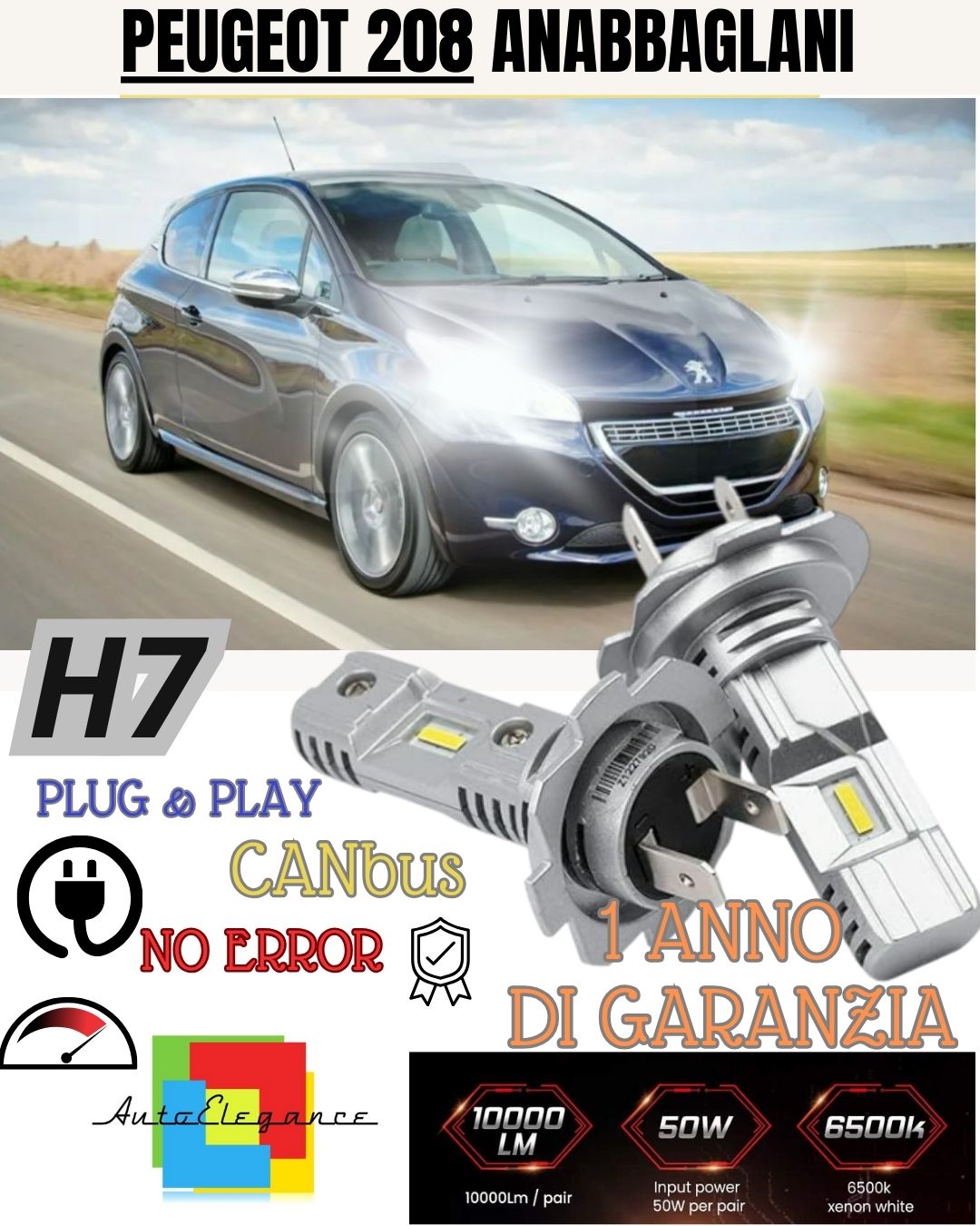 H7 LED KIT FOR PEUGEOT 208 6000K WHITE 6000 LUMEN CANBUS HIGH BEAM 