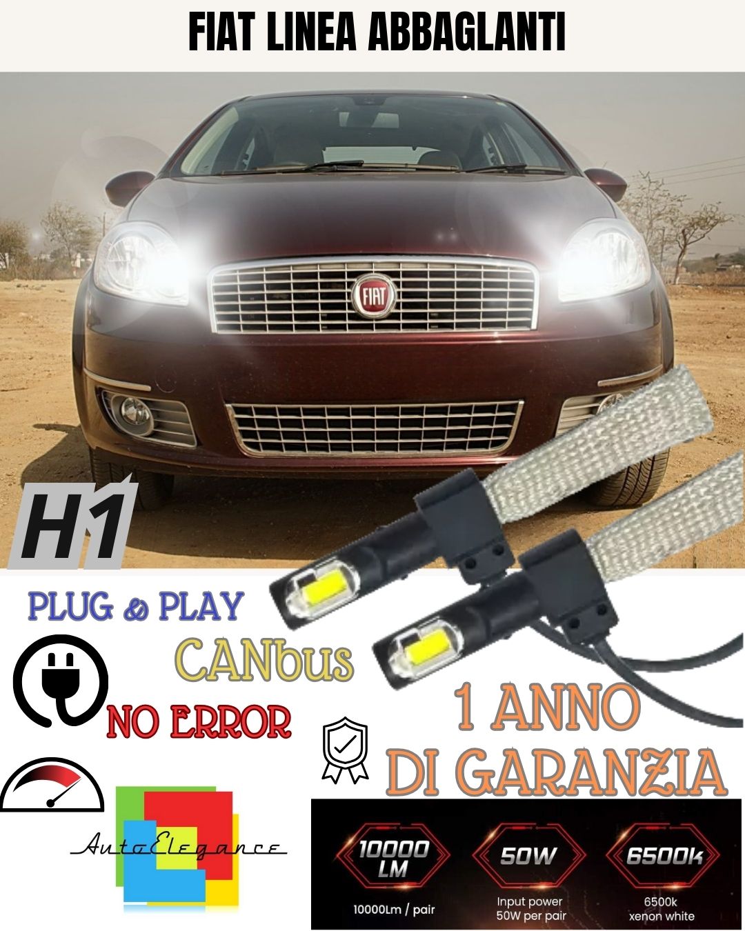 KIT FULL LED FIAT LINEA LAMPADE LED H1 6000K BIANCO GHIACCIO ABBAGLIANTE