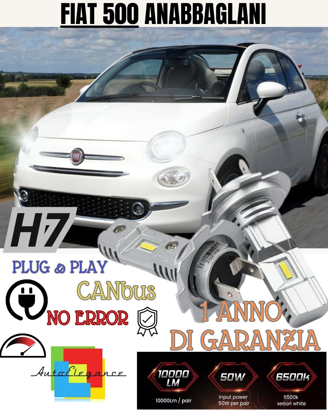 FIAT 500 H7 LED KIT 6000K WHITE 6000 LUMEN CANBUS LOW BEAM PARABOLA HEADLIGHT 