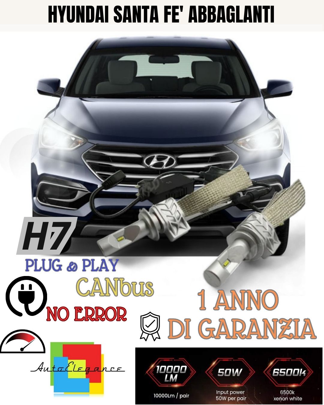 FULL LED KIT HYUNDAI SANTA FE' MK3 LED H7 6500K HIGH BEAM CANBUS ULTRA-BRIGHT 